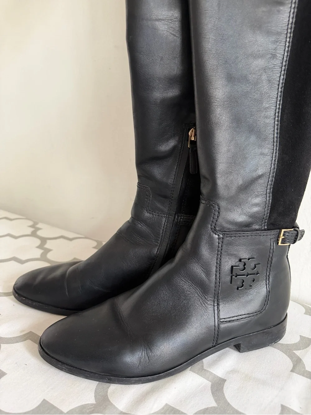 Tory Burch Black Leather Knee Boots with Logo Detail